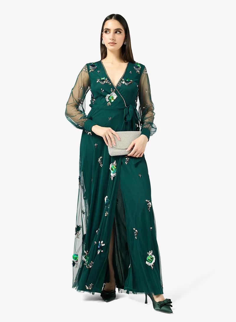 Frock And Frill  Embellished Plunge Neck Long Sleeve Maxi Dress for Women | Best Price UAE